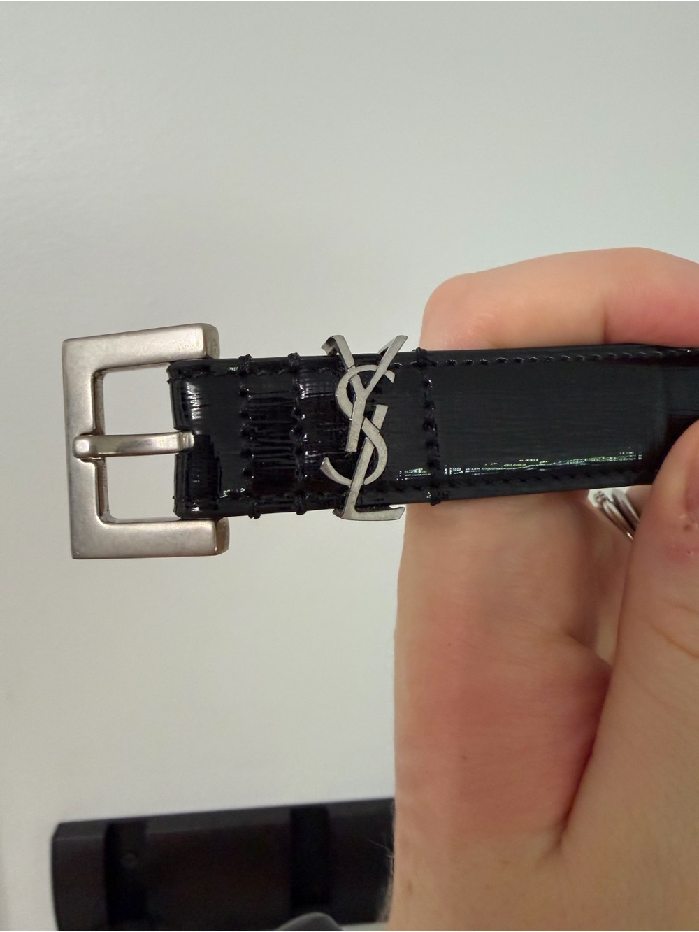 Saint Laurent Black Patent Leather Belt with Silver YSL Accent